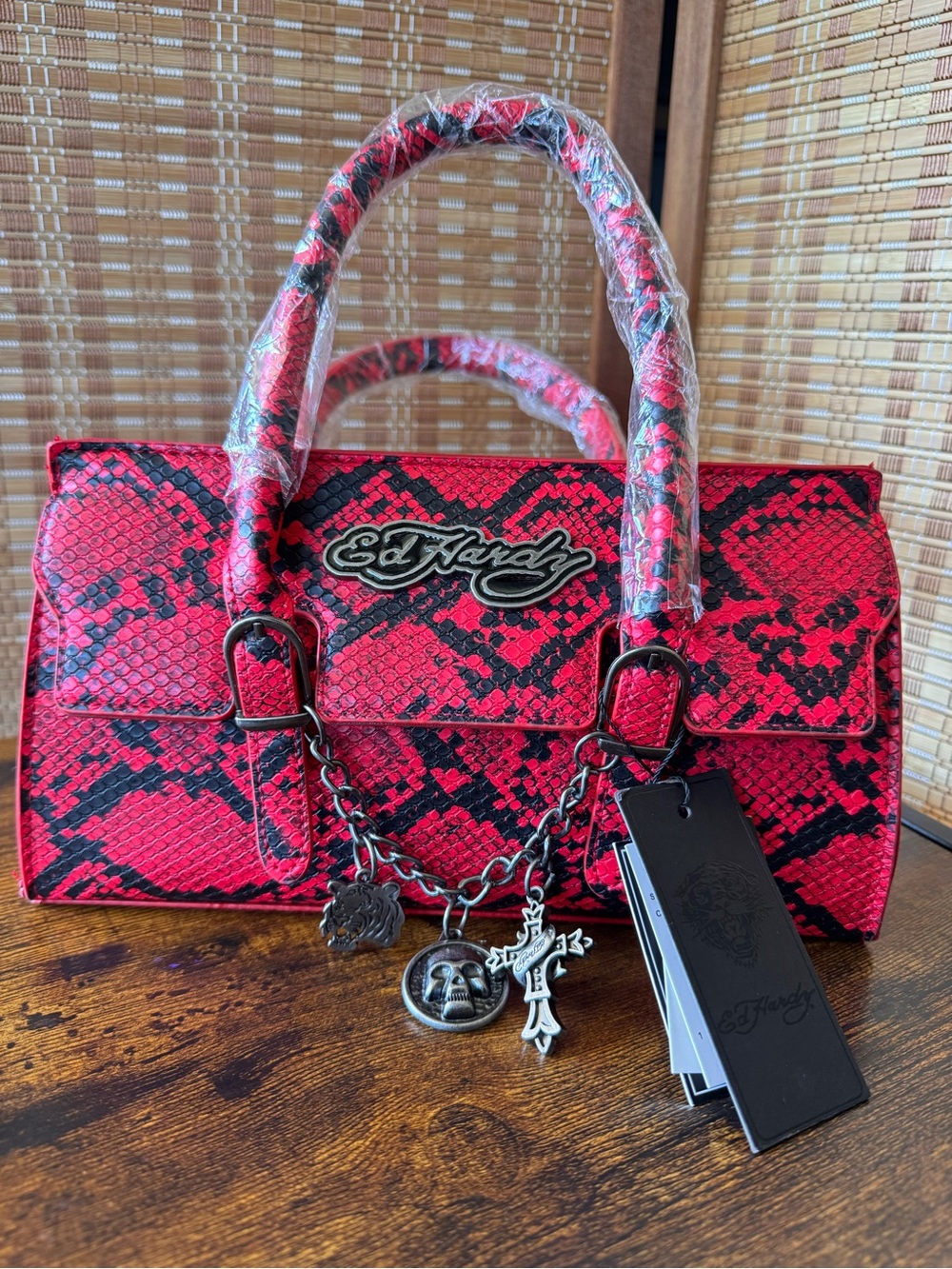 Ed Hardy Red and Black Snake-Print Satchel with Charm Chain